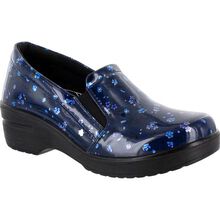 Easy WORKS by Easy Street Leeza Navy Floral Women's Slip-Resistant Patent Slip-on Work Shoe