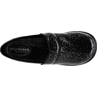 Easy WORKS by Easy Street Lyndee Black Raindrops Women's Slip-Resistant Patent Slip-On Work Shoe, , large
