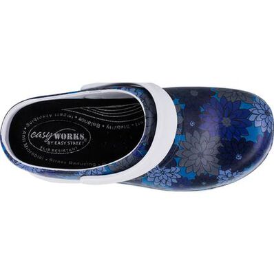 Easy WORKS by Easy Street Time Blue Flowers Women's Slip-Resistant Slip-on Clog, , large