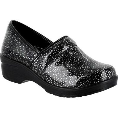 Easy WORKS by Easy Street Lyndee Black Raindrops Women's Slip-Resistant Patent Slip-On Work Shoe, , large