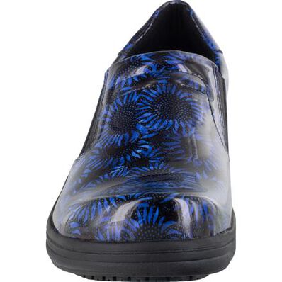 Easy WORKS by Easy Street Bind Women's Navy Midnight Sunflowers Patent Leather Slip-Resistant Clog, , large