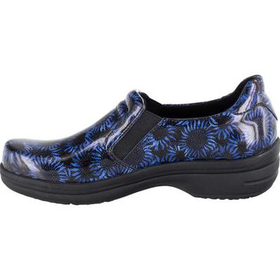 Easy WORKS by Easy Street Bind Women's Navy Midnight Sunflowers Patent Leather Slip-Resistant Clog, , large