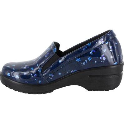 Easy WORKS by Easy Street Leeza Navy Floral Women's Slip-Resistant Patent Slip-on Work Shoe, , large