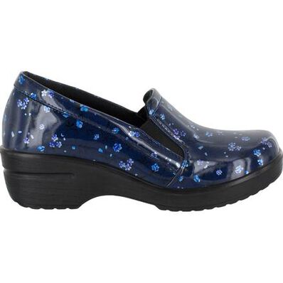 Easy WORKS by Easy Street Leeza Navy Floral Women's Slip-Resistant Patent Slip-on Work Shoe, , large