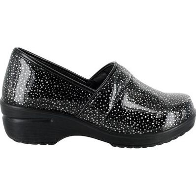 Easy WORKS by Easy Street Lyndee Black Raindrops Women's Slip-Resistant Patent Slip-On Work Shoe, , large