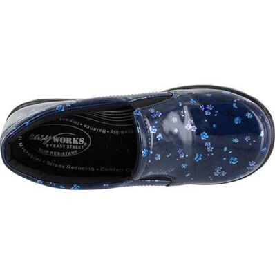 Easy WORKS by Easy Street Leeza Navy Floral Women's Slip-Resistant Patent Slip-on Work Shoe, , large