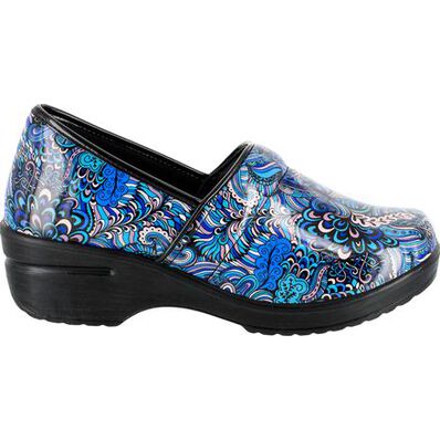 Easy WORKS by Easy Street Lyndee Blue Pop Women's Slip-Resistant Patent Slip-On Work Shoe, , large